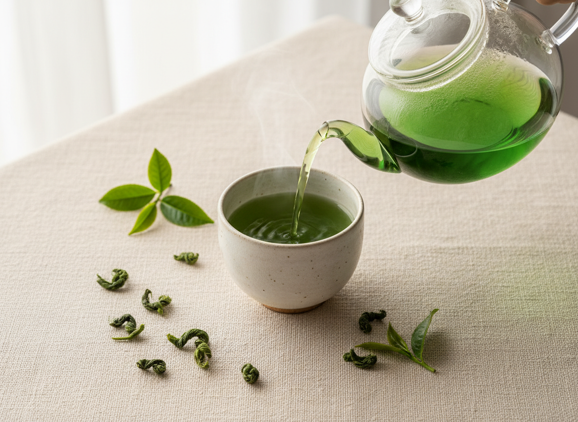 A serene overhead shot of a glass teapot pouring bright green tea into a ceramic cup, surrounded by fresh green tea leaves on a warm cream linen surface, soft natural light, minimal and elegant