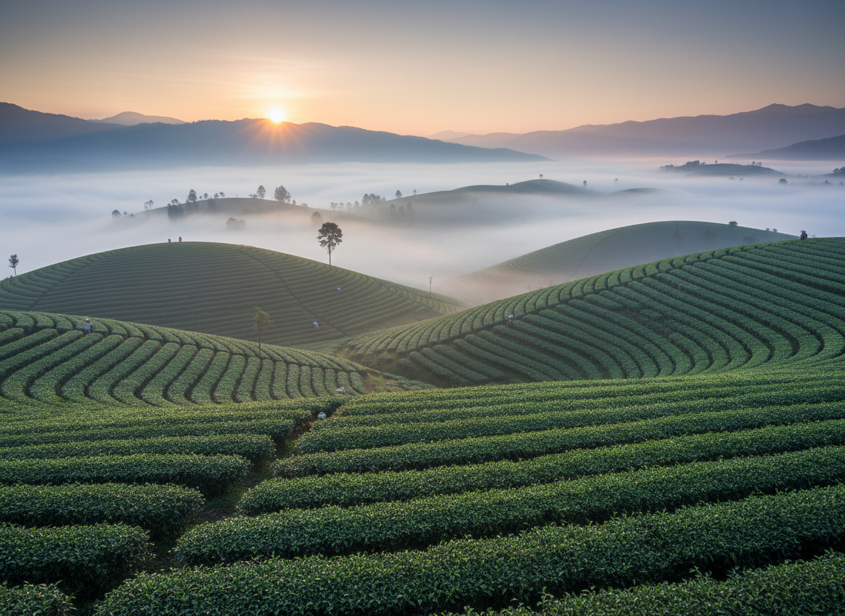 Lush green tea garden on misty Himalayan hillside at dawn, rows of tea bushes, soft golden light, cinematic and serene, editorial photography style