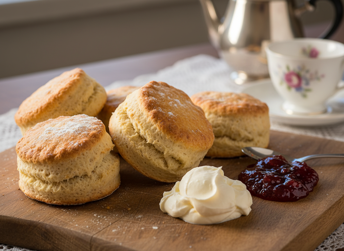 Freshly baked classic buttermilk scones on a rustic wooden board, served with a generous dollop of clotted cream and strawberry jam. Golden brown tops, flaky texture, dusted with flour. A pot of tea and vintage china in the soft background. Warm, cozy afternoon tea atmosphere.