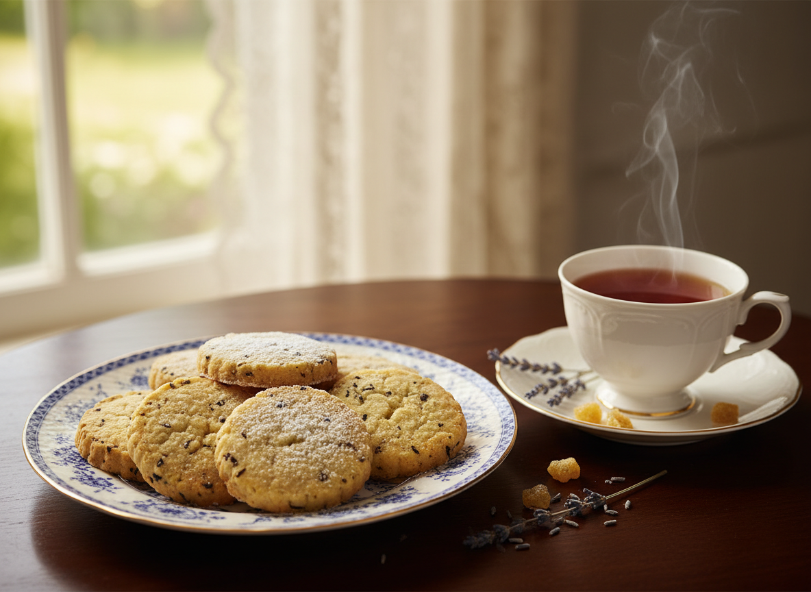 Delicate Earl Grey shortbread cookies arranged on a vintage ceramic plate. Golden buttery biscuits with visible tea flecks, some dusted with powdered sugar. A cup of Earl Grey tea steaming beside them, with dried lavender and bergamot accents. Soft natural window light, elegant and refined mood.